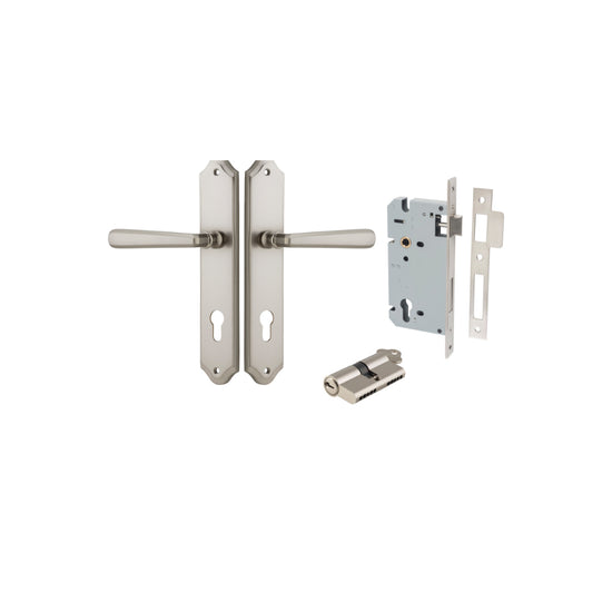 Door Lever Copenhagen Shouldered Euro Pair Satin Nickel CTC85mm H250xW48xP61mm Entrance Kit, Mortice Lock Euro Satin Nickel CTC85mm Backset 60mm, Euro Cylinder Dual Function 5 Pin Satin Nickel L65mm KA1 in Satin Nickel