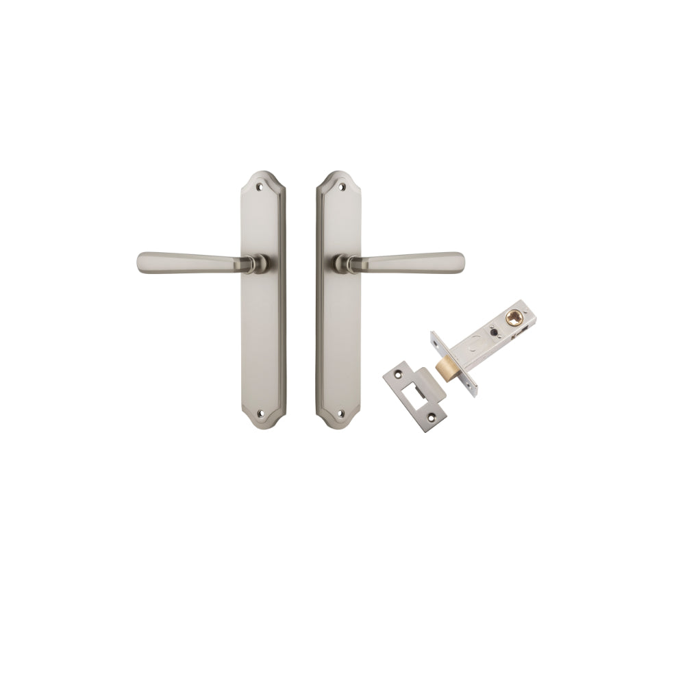 Door Lever Copenhagen Shouldered Latch Pair Satin Nickel H250xW48xP61mm Passage Kit, Tube Latch Split Cam 'T' Striker Satin Nickel Backset 60mm in Satin Nickel