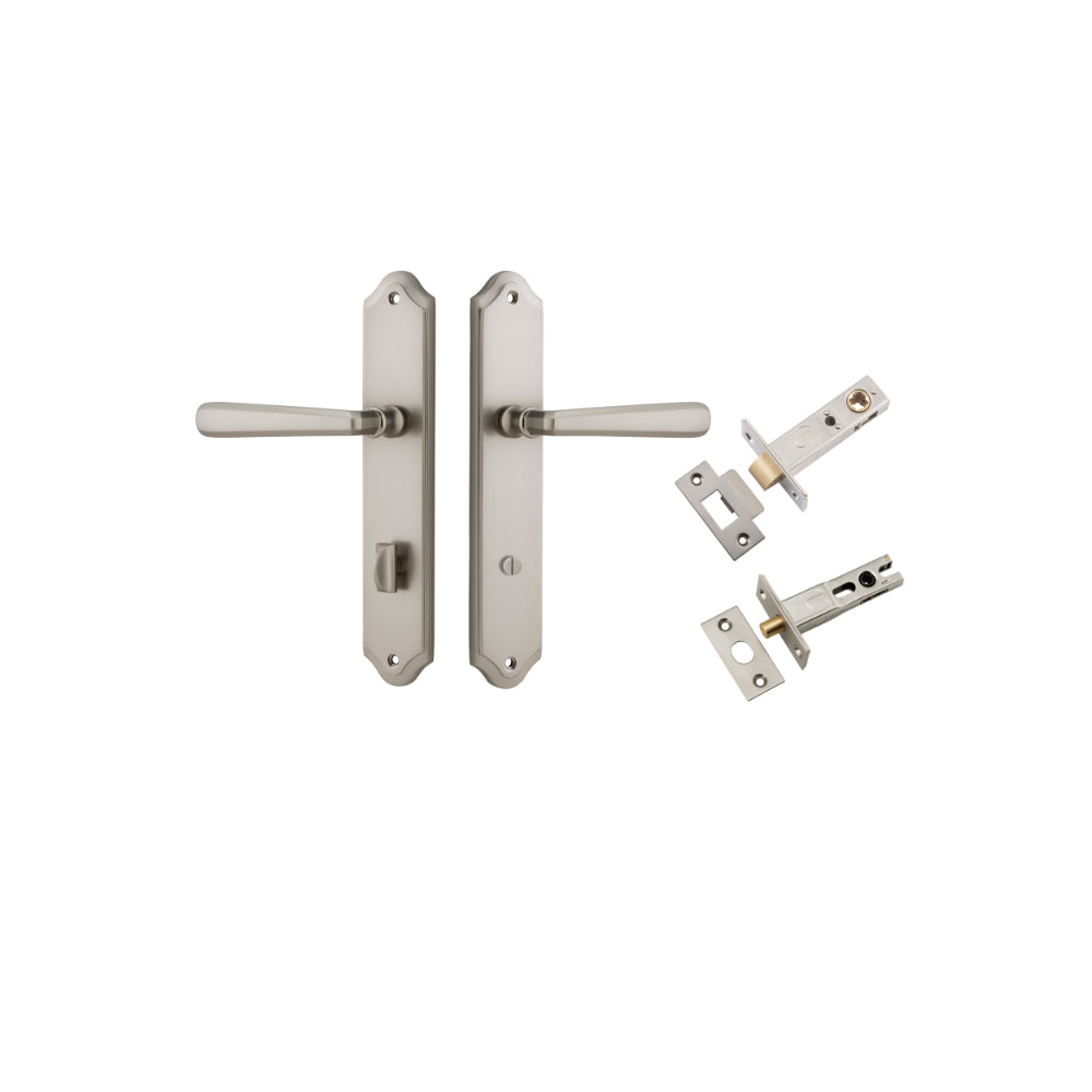 Door Lever Copenhagen Shouldered Privacy Pair Satin Nickel CTC85mm H250xW48xP61mm Inbuilt Privacy Kit, Tube Latch Split Cam 'T' Striker Satin Nickel Backset 60mm, Privacy Bolt Round Bolt Satin Nickel Backset 60mm in Satin Nickel