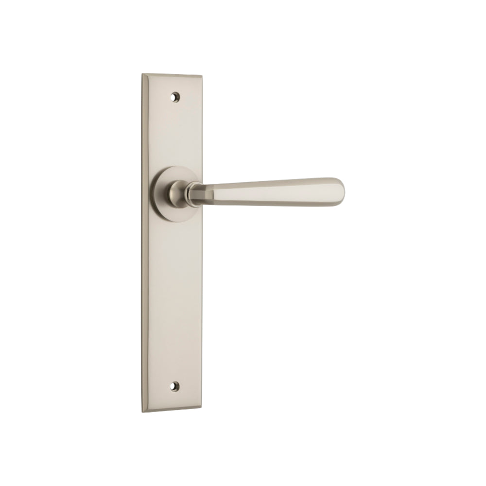 Door Lever Copenhagen Chamfered Latch Pair Satin Nickel H240xW50xP61mm in Satin Nickel