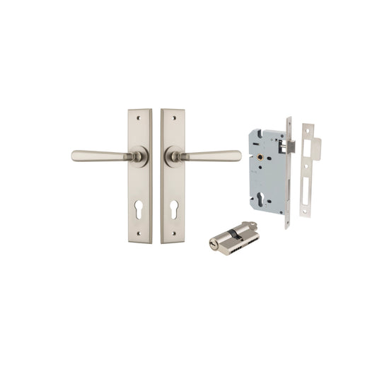 Door Lever Copenhagen Chamfered Euro Pair Satin Nickel CTC85mm L120xP59mm BPH240xW50mm, Mortice Lock Euro Satin Nickel CTC85mm Backset 60mm, Euro Cylinder Dual Function 5 Pin Satin Nickel 65mm KA4 in Satin Nickel