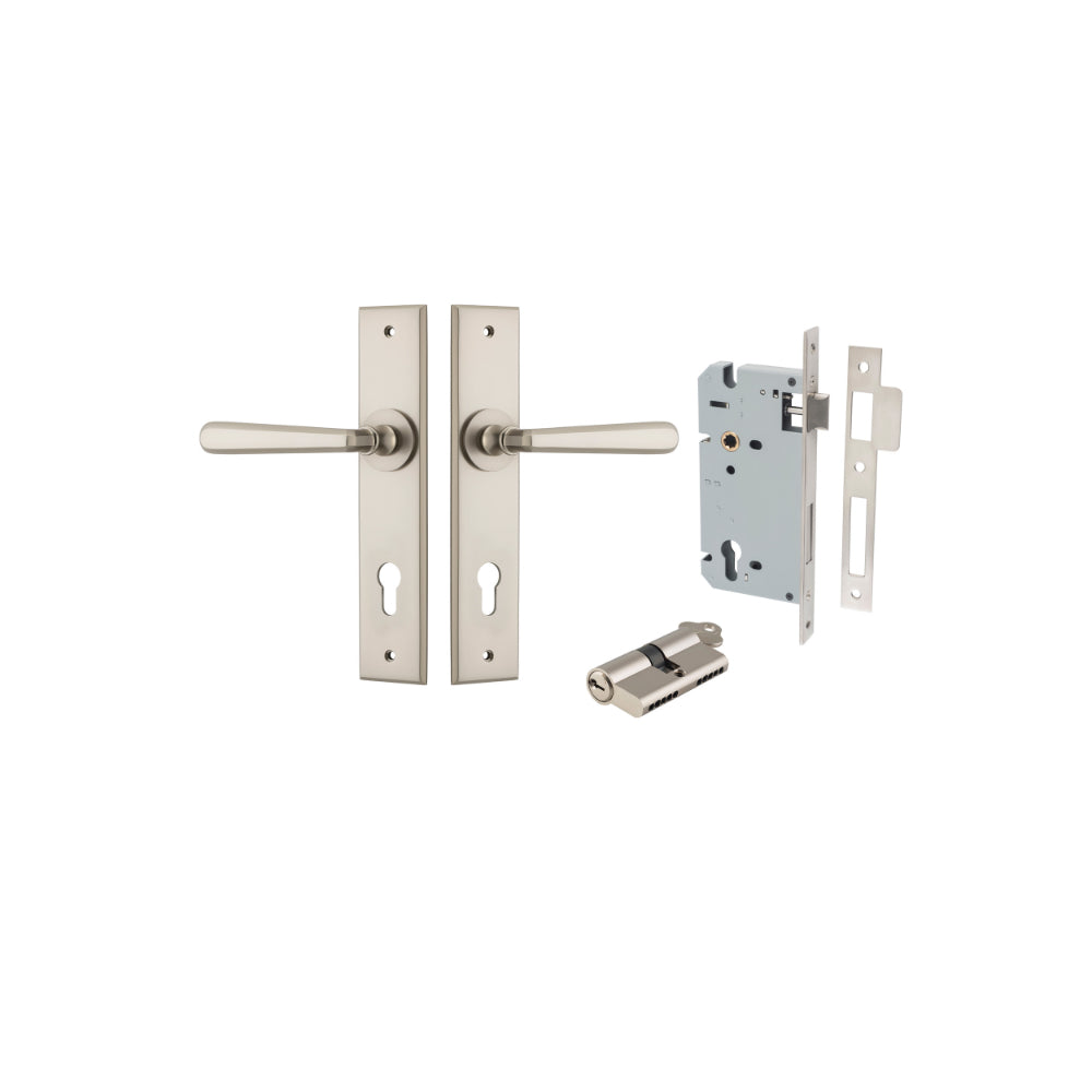 Door Lever Copenhagen Chamfered Euro Pair Satin Nickel CTC85mm L120xP59mm BPH240xW50mm, Mortice Lock Euro Satin Nickel CTC85mm Backset 60mm, Euro Cylinder Dual Function 5 Pin Satin Nickel 65mm KA4 in Satin Nickel