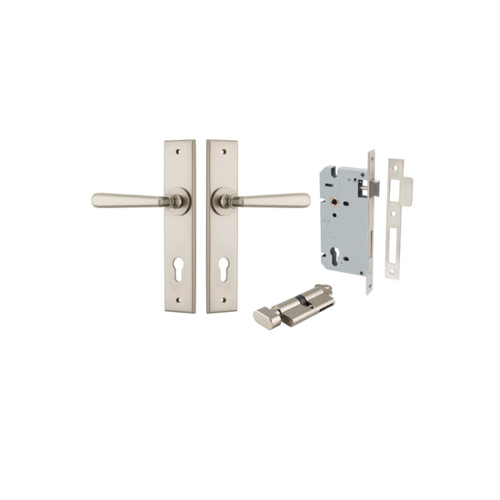 Door Lever Copenhagen Chamfered Euro Pair Satin Nickel CTC85mm L120xP59mm BPH240xW50mm, Mortice Lock Euro Satin Nickel CTC85mm Backset 60mm, Euro Cylinder Key Thumb 5 Pin Satin Nickel 65mm KA4 in Satin Nickel