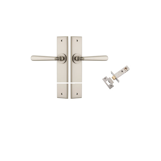 Door Lever Copenhagen Chamfered Satin Nickel L120xP59mm BPH240xW50mm Passage Kit, Tube Latch Split Cam 'T' Striker Satin Nickel Backset 60mm in Satin Nickel