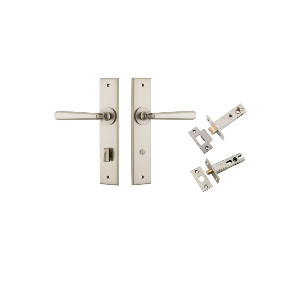 Door Lever Copenhagen Chamfered Privacy Satin Nickel CTC85mm L120xP59mm BPH240xW50mm Privacy Kit, Tube Latch Split Cam 'T' Striker Satin Nickel Backset 60mm, Privacy Bolt Round Bolt Satin Nickel Backset 60mm in Satin Nickel