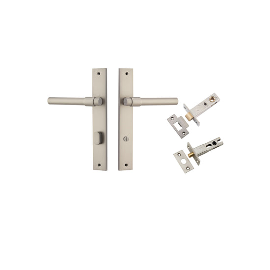 Door Lever Helsinki Rectangular Privacy Pair Satin Nickel CTC85mm H240xW38xP44mm Privacy Kit, Tube Latch Split Cam 'T' Striker Satin Nickel Backset 60mm, Privacy Bolt Round Bolt Satin Nickel Backset 60mm in Satin Nickel