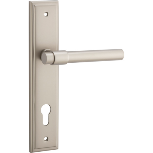 Door Lever Helsinki Stepped Euro Pair Satin Nickel CTC85mm H237xW50xP44mm in Satin Nickel