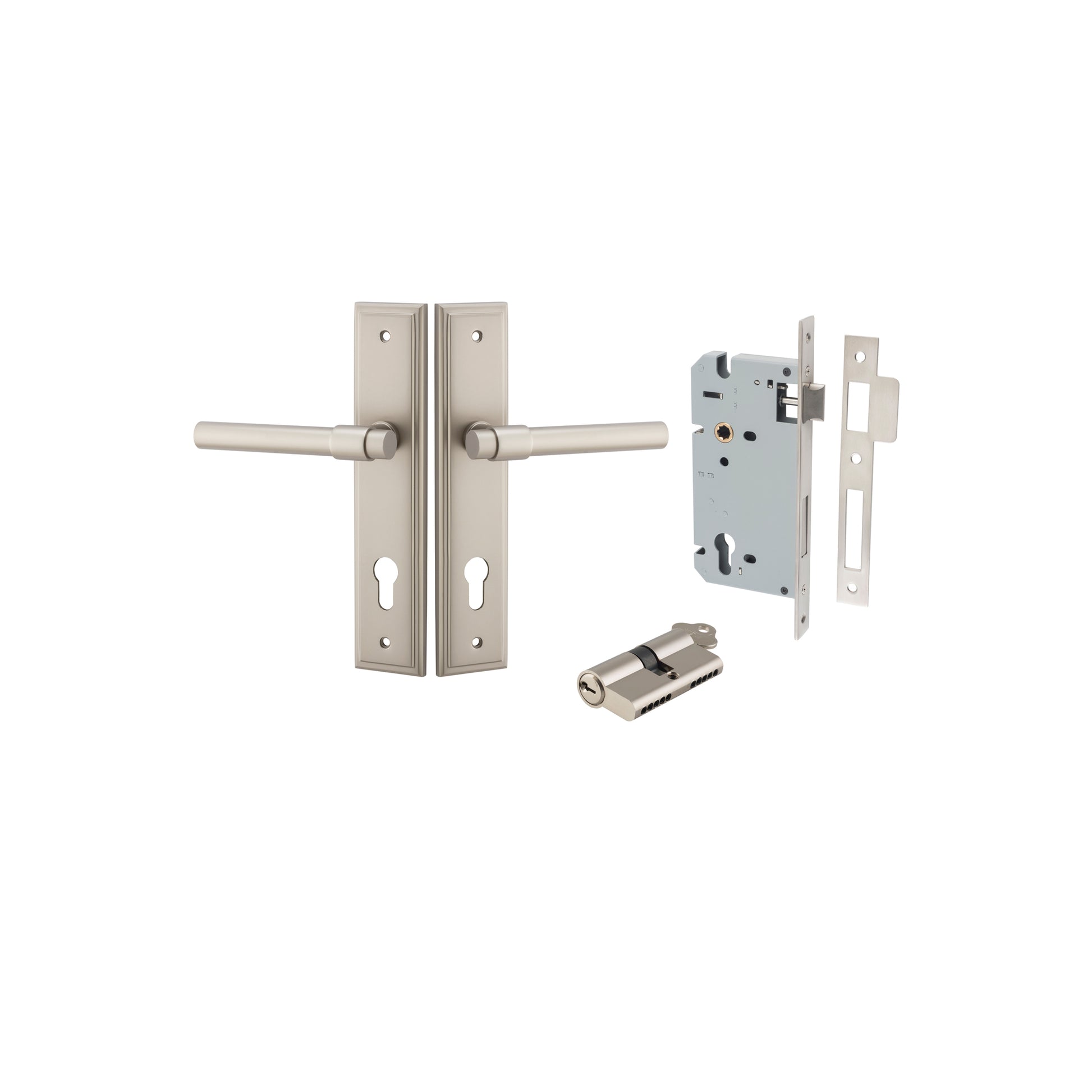 Door Lever Helsinki Stepped Euro Pair Satin Nickel CTC85mm H237xW50xP44mm Entrance Kit, Mortice Lock Euro Satin Nickel CTC85mm Backset 60mm, Euro Cylinder Dual Function 5 Pin Satin Nickel L65mm KA1 in Satin Nickel