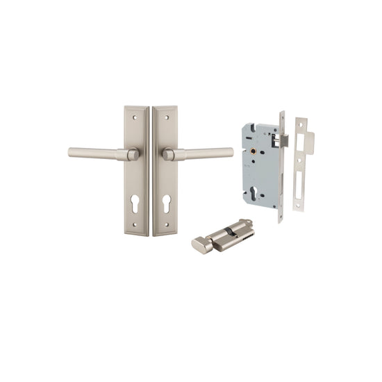 Door Lever Helsinki Stepped Euro Pair Satin Nickel CTC85mm H237xW50xP44mm Entrance Kit, Mortice Lock Euro Satin Nickel CTC85mm Backset 60mm, Euro Cylinder Key Thumb 6 Pin Satin Nickel L70mm KA1 in Satin Nickel