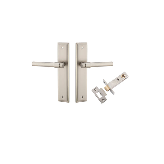 Door Lever Helsinki Stepped Latch Pair Satin Nickel H237xW50xP44mm Passage Kit, Tube Latch Split Cam 'T' Striker Satin Nickel Backset 60mm in Satin Nickel