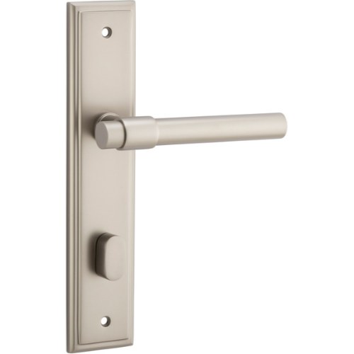 Door Lever Helsinki Stepped Privacy Pair Satin Nickel CTC85mm H237xW50xP44mm in Satin Nickel