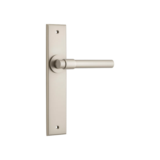 Door Lever Helsinki Chamfered Latch Satin Nickel H240xW50xP60mm in Satin Nickel