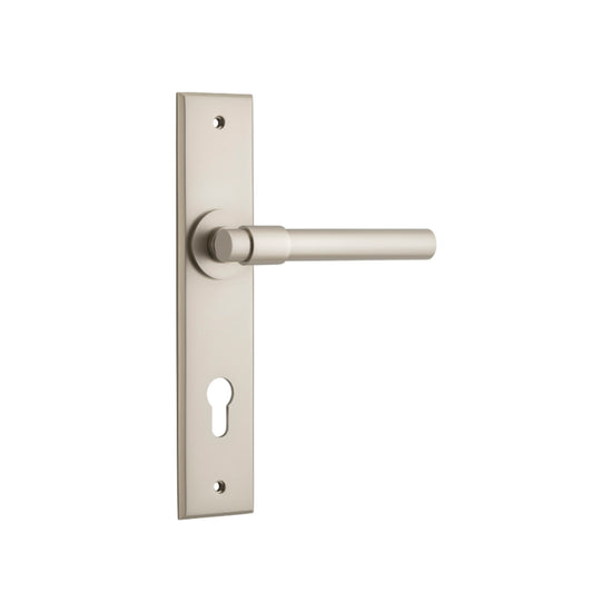 Door Lever Helsinki Chamfered Euro Satin Nickel H240xW50xP60mm in Satin Nickel