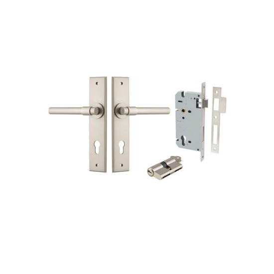 Door Lever Helsinki Chamfered Euro Pair Satin Nickel CTC85mm L137xP60mm BPH240xW50mm, Mortice Lock Euro Satin Nickel CTC85mm Backset 60mm, Euro Cylinder Dual Function 5 Pin Satin Nickel 65mm KA4 in Satin Nickel