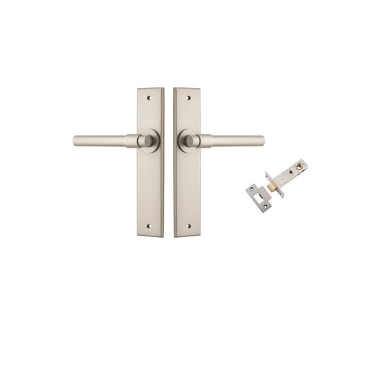 Door Lever Helsinki Chamfered Satin Nickel L137xP60mm BPH240xW50mm Passage Kit, Tube Latch Split Cam 'T' Striker Satin Nickel Backset 60mm in Satin Nickel