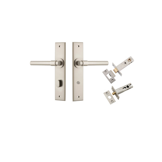 Door Lever Helsinki Chamfered Privacy Satin Nickel CTC85mm L137xP60mm BPH240xW50mm Privacy Kit, Tube Latch Split Cam 'T' Striker Satin Nickel Backset 60mm, Privacy Bolt Round Bolt Satin Nickel Backset 60mm in Satin Nickel