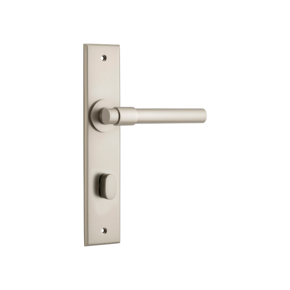 Door Lever Helsinki Chamfered Privacy Satin Nickel H240xW50xP60mm in Satin Nickel