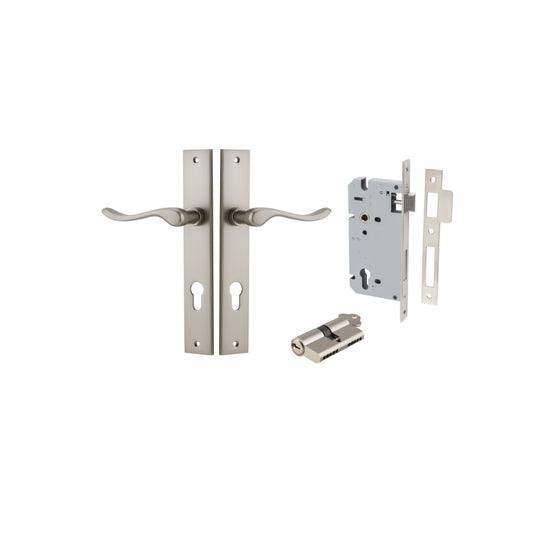 Door Lever Stirling Rectangular Euro Pair Satin Nickel CTC85mm H240xW38xP64mm Entrance Kit, Mortice Lock Euro Satin Nickel CTC85mm Backset 60mm, Euro Cylinder Dual Function 5 Pin Satin Nickel L65mm KA1 in Satin Nickel