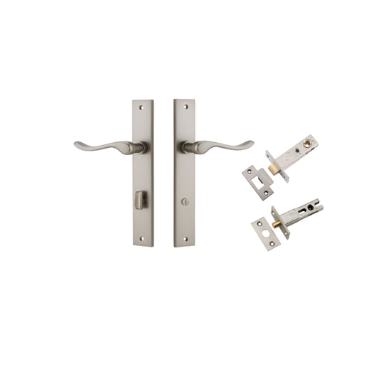 Door Lever Stirling Rectangular Privacy Pair Satin Nickel CTC85mm H240xW38xP64mm Privacy Kit, Tube Latch Split Cam 'T' Striker Satin Nickel Backset 60mm, Privacy Bolt Round Bolt Satin Nickel Backset 60mm in Satin Nickel