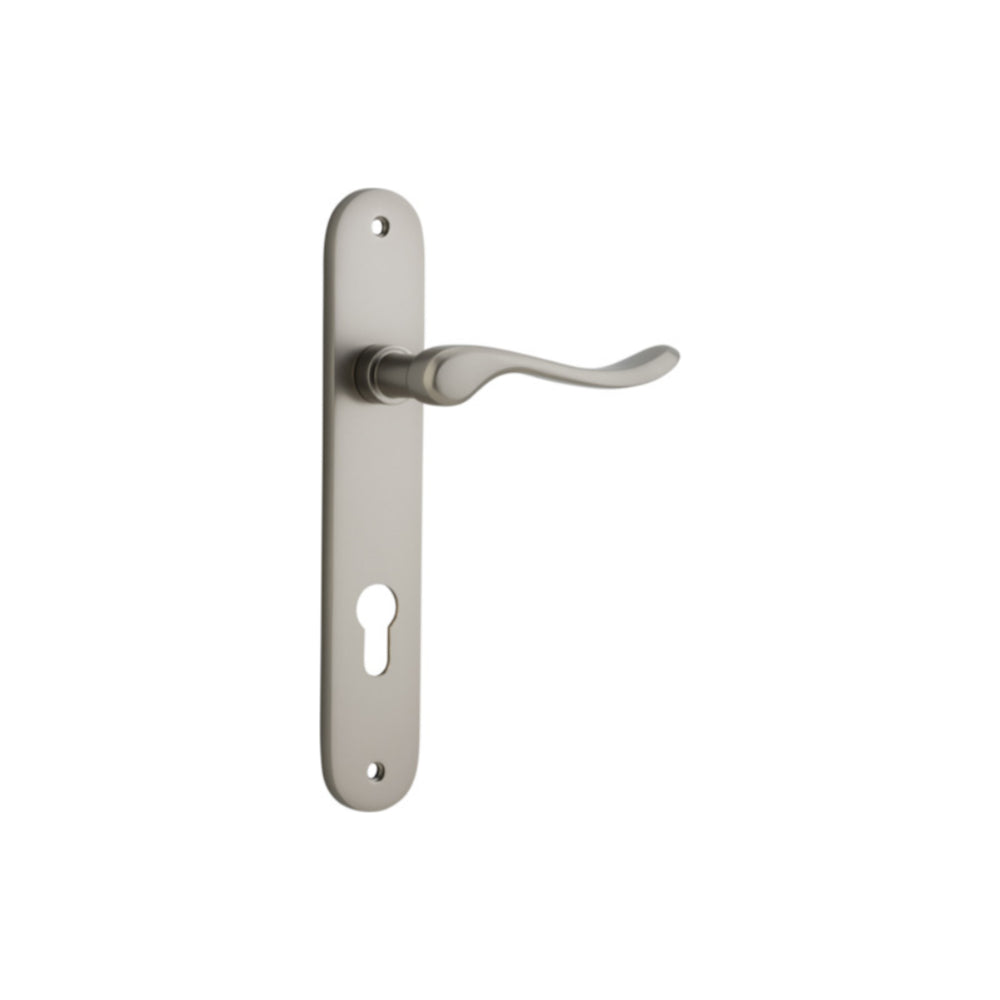 Door Lever Stirling Oval Euro Pair Satin Nickel CTC85mm H240xW40xP64mm in Satin Nickel