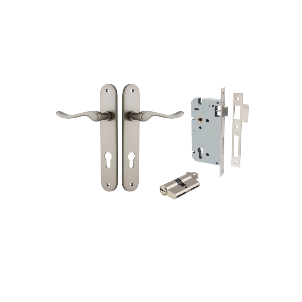 Door Lever Stirling Oval Euro Pair Satin Nickel CTC85mm H240xW40xP64mm Entrance Kit, Mortice Lock Euro Satin Nickel CTC85mm Backset 60mm, Euro Cylinder Dual Function 5 Pin Satin Nickel L65mm KA1 in Satin Nickel