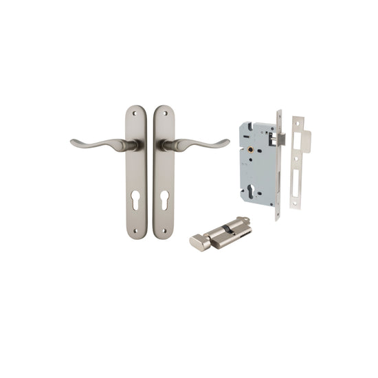 Door Lever Stirling Oval Euro Pair Satin Nickel CTC85mm H240xW40xP64mm Entrance Kit, Mortice Lock Euro Satin Nickel CTC85mm Backset 60mm, Euro Cylinder Key Thumb 6 Pin Satin Nickel L70mm KA1 in Satin Nickel