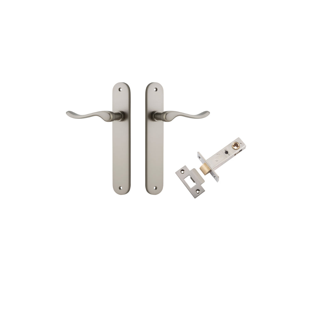 Door Lever Stirling Oval Latch Pair Satin Nickel H240xW40xP64mm Passage Kit, Tube Latch Split Cam 'T' Striker Satin Nickel Backset 60mm in Satin Nickel