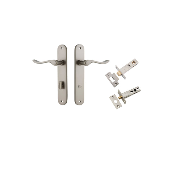 Door Lever Stirling Oval Privacy Pair Satin Nickel CTC85mm H240xW40xP64mm Privacy Kit, Tube Latch Split Cam 'T' Striker Satin Nickel Backset 60mm, Privacy Bolt Round Bolt Satin Nickel Backset 60mm in Satin Nickel