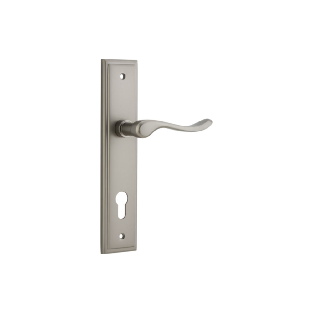 Door Lever Stirling Stepped Euro Pair Satin Nickel CTC85mm H237xW50xP64mm in Satin Nickel