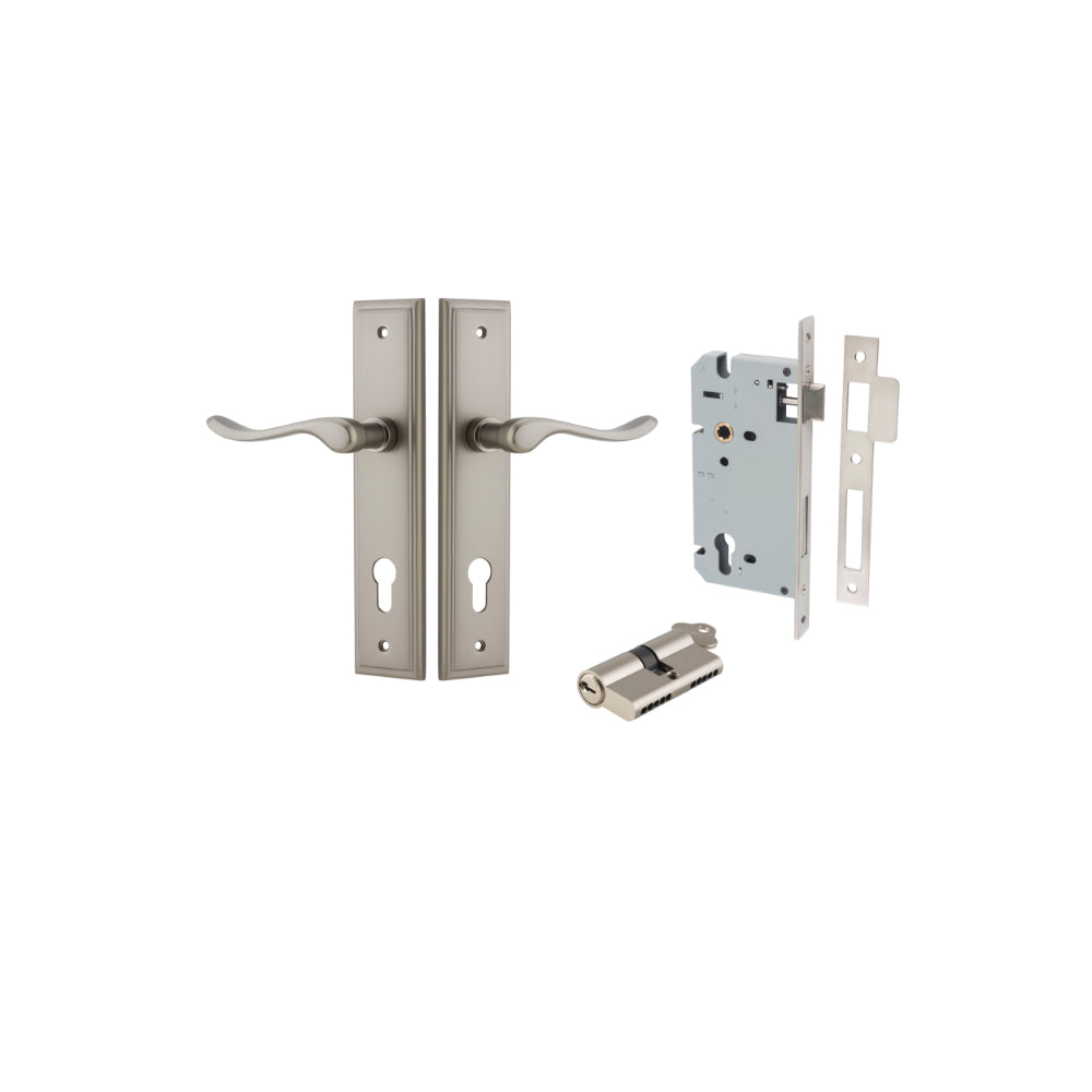 Door Lever Stirling Stepped Euro Pair Satin Nickel CTC85mm H237xW50xP64mm Entrance Kit, Mortice Lock Euro Satin Nickel CTC85mm Backset 60mm, Euro Cylinder Dual Function 5 Pin Satin Nickel L65mm KA1 in Satin Nickel