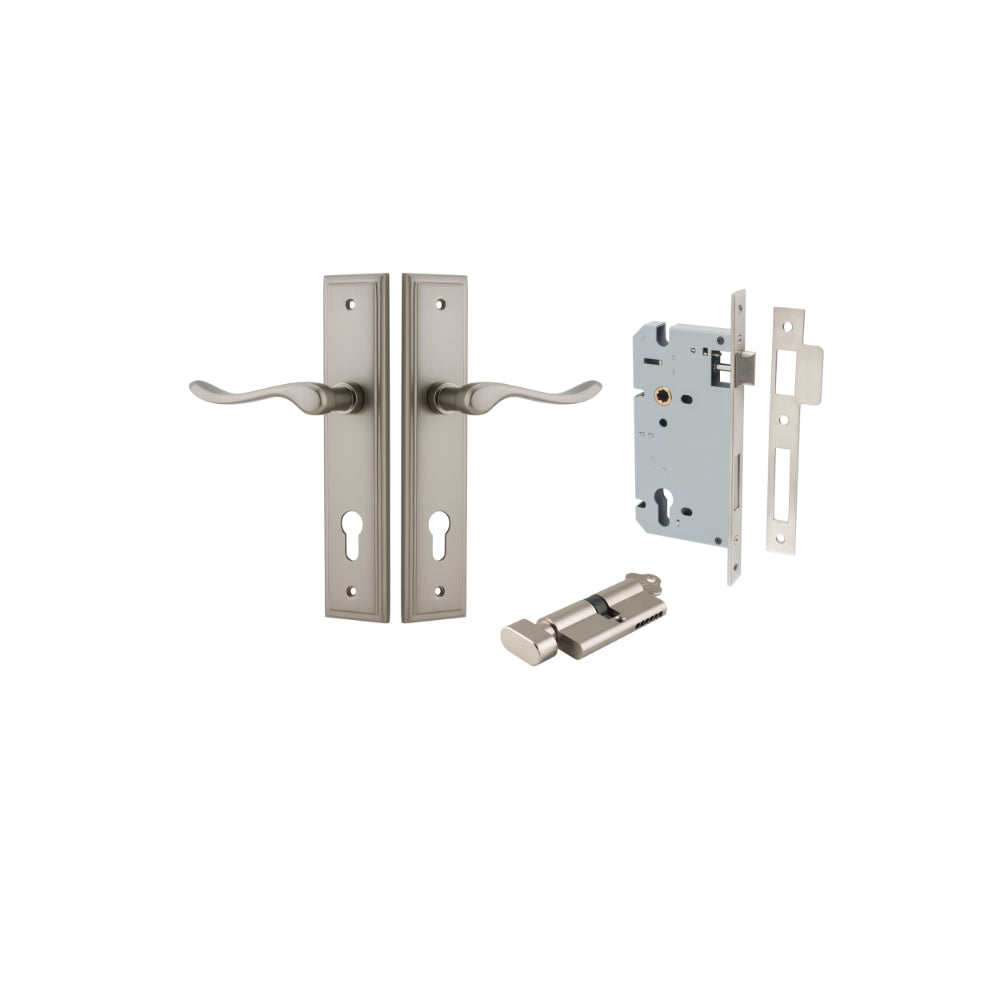 Door Lever Stirling Stepped Euro Pair Satin Nickel CTC85mm H237xW50xP64mm Entrance Kit, Mortice Lock Euro Satin Nickel CTC85mm Backset 60mm, Euro Cylinder Key Thumb 6 Pin Satin Nickel L70mm KA1 in Satin Nickel