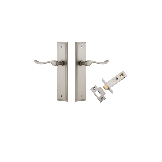 Door Lever Stirling Stepped Latch Pair Satin Nickel H237xW50xP64mm Passage Kit, Tube Latch Split Cam 'T' Striker Satin Nickel Backset 60mm in Satin Nickel