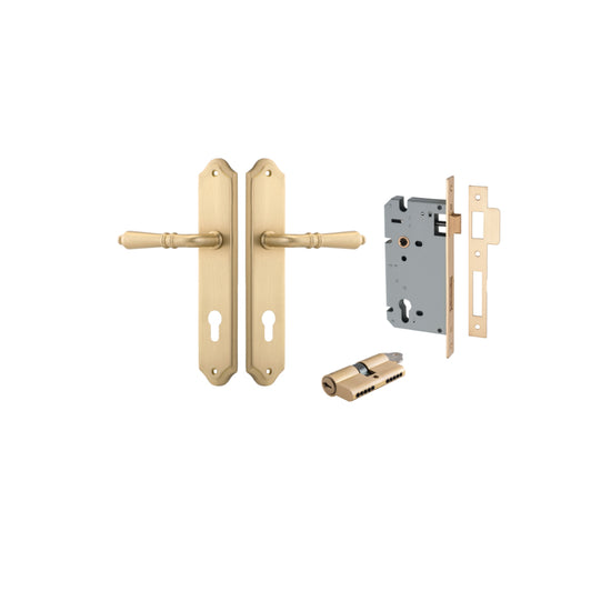 Door Lever Sarlat Shouldered Euro Brushed Brass CTC85mm H250xW48xP57mm Entrance Kit, Mortice Lock Euro Brushed Brass CTC85mm Backset 60mm, Euro Cylinder Dual Function 5 Pin Brushed Brass L65mm KA1 in Brushed Brass