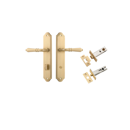 Door Lever Sarlat Shouldered Privacy Brushed Brass CTC85mm H250xW48xP57mm Privacy Kit, Tube Latch Split Cam 'T' Striker Brushed Brass Backset 60mm, Privacy Bolt Round Bolt Brushed Brass Backset 60mm in Brushed Brass