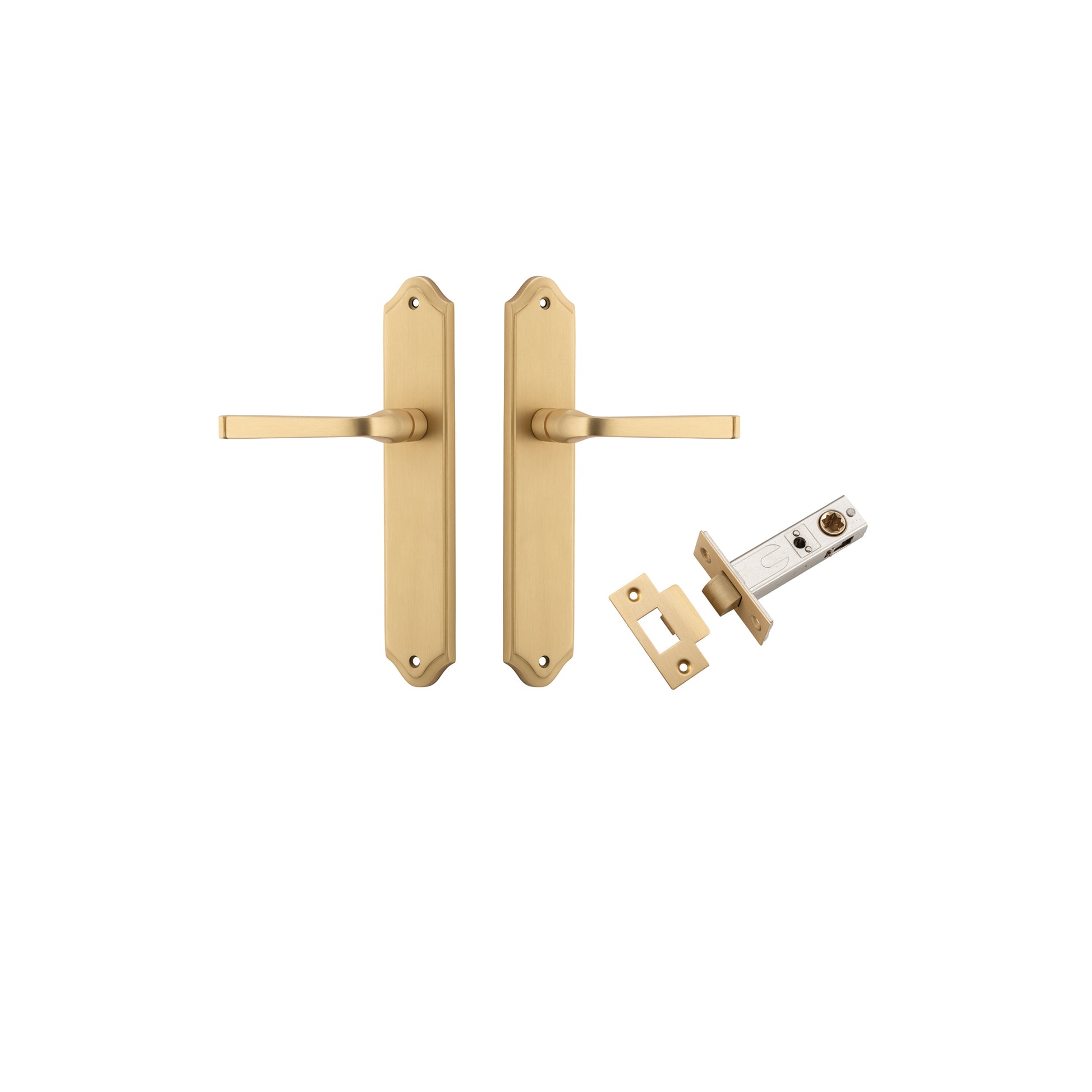 Door Lever Annecy Shouldered Latch Brushed Brass H240xW50xP65mm Passage Kit, Tube Latch Split Cam 'T' Striker Brushed Brass Backset 60mm in Brushed Brass