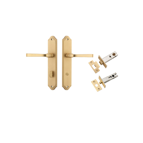 Door Lever Annecy Shouldered Privacy Brushed Brass CTC85mm H240xW50xP65mm Inbuilt Privacy Kit, Tube Latch Split Cam 'T' Striker Brushed Brass Backset 60mm, Privacy Bolt Round Bolt Brushed Brass Backset 60mm in Brushed Brass