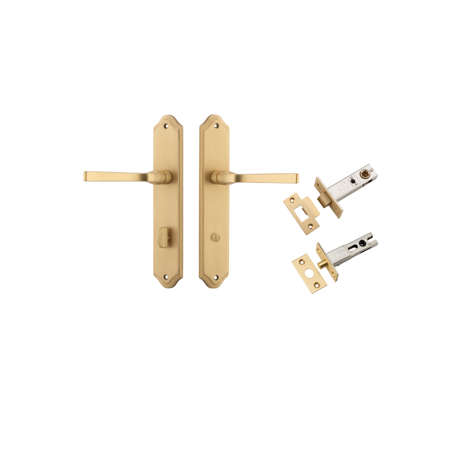 Door Lever Annecy Shouldered Privacy Brushed Brass CTC85mm H240xW50xP65mm Inbuilt Privacy Kit, Tube Latch Split Cam 'T' Striker Brushed Brass Backset 60mm, Privacy Bolt Round Bolt Brushed Brass Backset 60mm in Brushed Brass