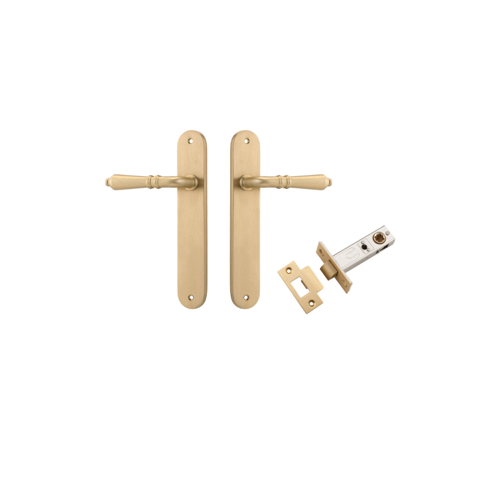 Door Lever Sarlat Oval Latch Brushed Brass H240xW40xP55mm Passage Kit, Tube Latch Split Cam 'T' Striker Brushed Brass Backset 60mm in Brushed Brass