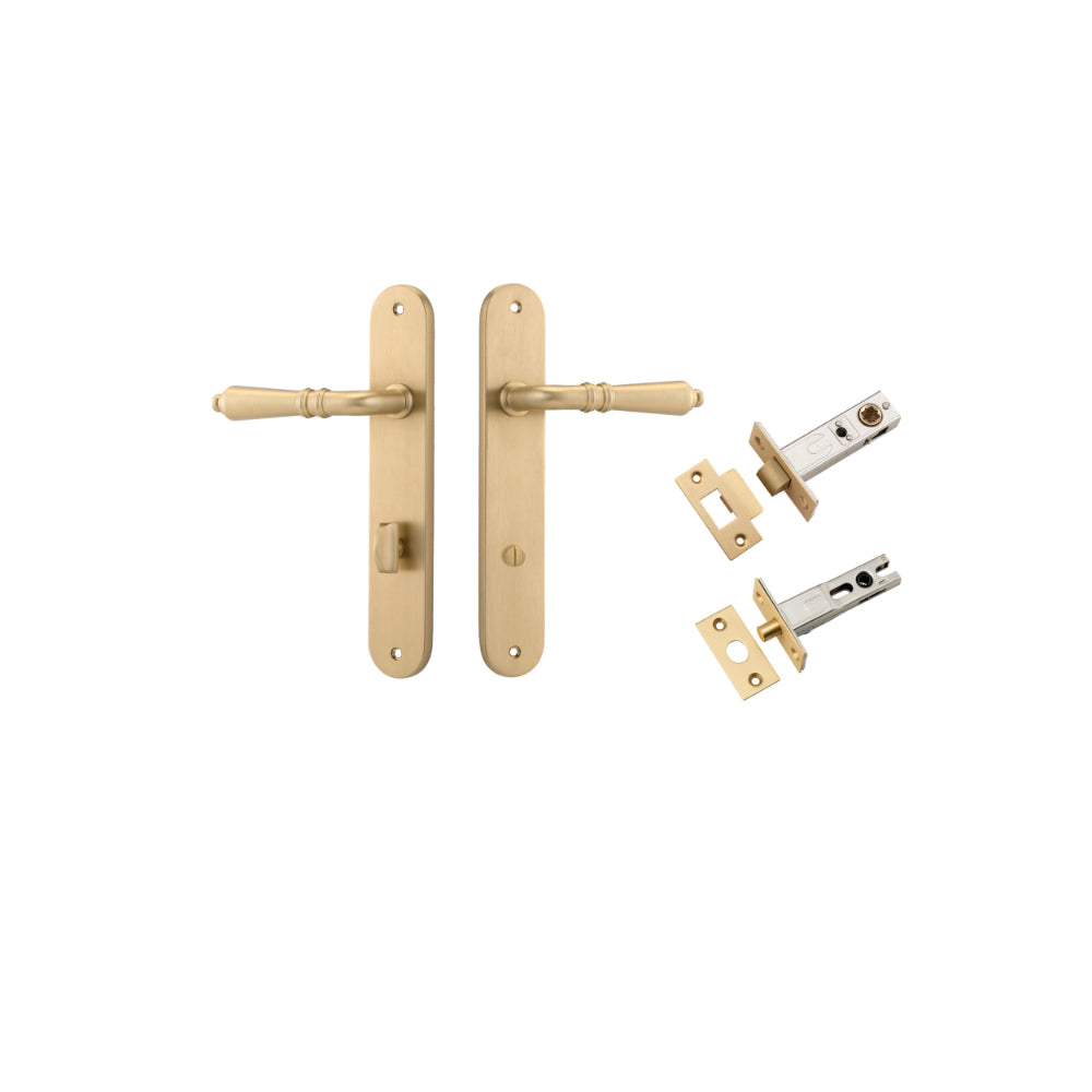 Door Lever Sarlat Oval Privacy Brushed Brass CTC85mm H240xW40xP55mm Privacy Kit, Tube Latch Split Cam 'T' Striker Brushed Brass Backset 60mm, Privacy Bolt Round Bolt Brushed Brass Backset 60mm in Brushed Brass