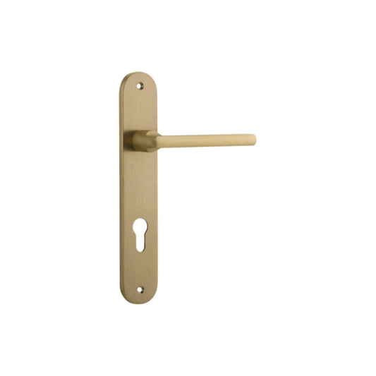 Door Lever Baltimore Oval Euro Brushed Brass CTC85mm H237xW50xP55mm in Brushed Brass