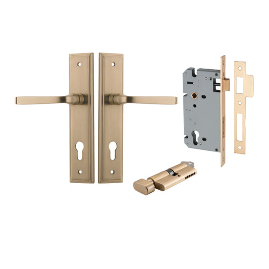 Door Lever Annecy Stepped Euro Brushed Brass CTC85mm H240xW50xP65mm Entrance Kit, Mortice Lock Euro Brushed Brass CTC85mm Backset 60mm, Euro Cylinder Key Thumb 6 Pin Brushed Brass L70mm  _x005F


 KA1 in Brushed Brass