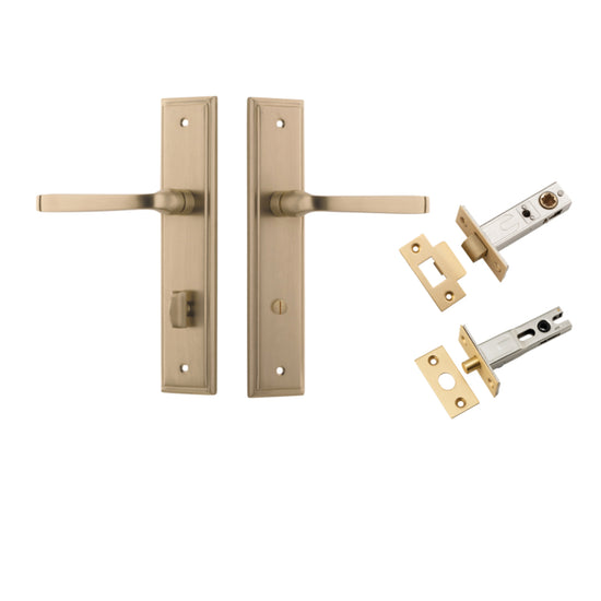 Door Lever Annecy Stepped Privacy Brushed Brass CTC85mm H240xW50xP65mm Inbuilt Privacy Kit, Tube Latch Split Cam 'T' Striker Brushed Brass Backset 60mm, Privacy Bolt Round Bolt Brushed Brass Backset 60mm in Brushed Brass