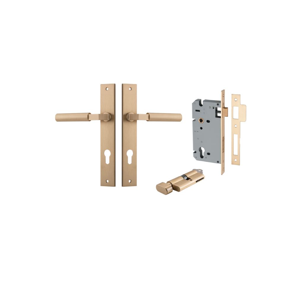 Door Lever Berlin Rectangular Euro Pair Brushed Brass CTC85mm L120xP57mm BPH240xW38mm, Mortice Lock Euro Brushed Brass CTC85mm Backset 60mm, Euro Cylinder Key Thumb 5 Pin Brushed Brass 65mm KA4 in Brushed Brass