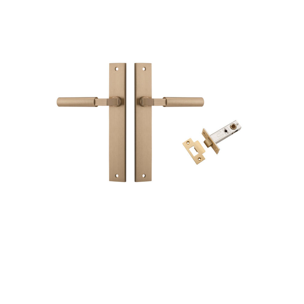 Door Lever Berlin Rectangular Brushed Brass L120xP57mm BPH240xW38mm Passage Kit, Tube Latch Split Cam 'T' Striker Brushed Brass Backset 60mm in Brushed Brass