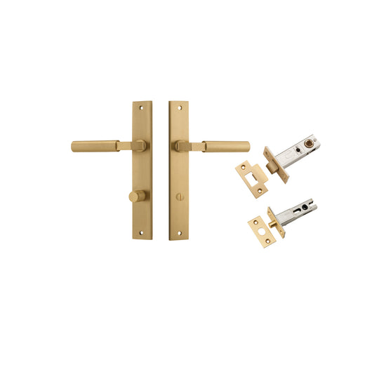 Door Lever Berlin Rectangular Privacy Brushed Brass CTC85mm L120xP57mm BPH240xW38mm Privacy Kit, Tube Latch Split Cam 'T' Striker Brushed Brass Backset 60mm, Privacy Bolt Round Bolt Brushed Brass Backset 60mm in Brushed Brass