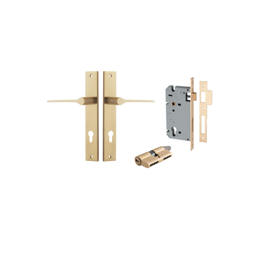 Door Lever Como Rectangular Euro Pair Brushed Brass CTC85mm L119xP59mm BPH240xW38mm, Mortice Lock Euro Brushed Brass CTC85mm Backset 60mm, Euro Cylinder Dual Function 5 Pin Brushed Brass 65mm KA4 in Brushed Brass