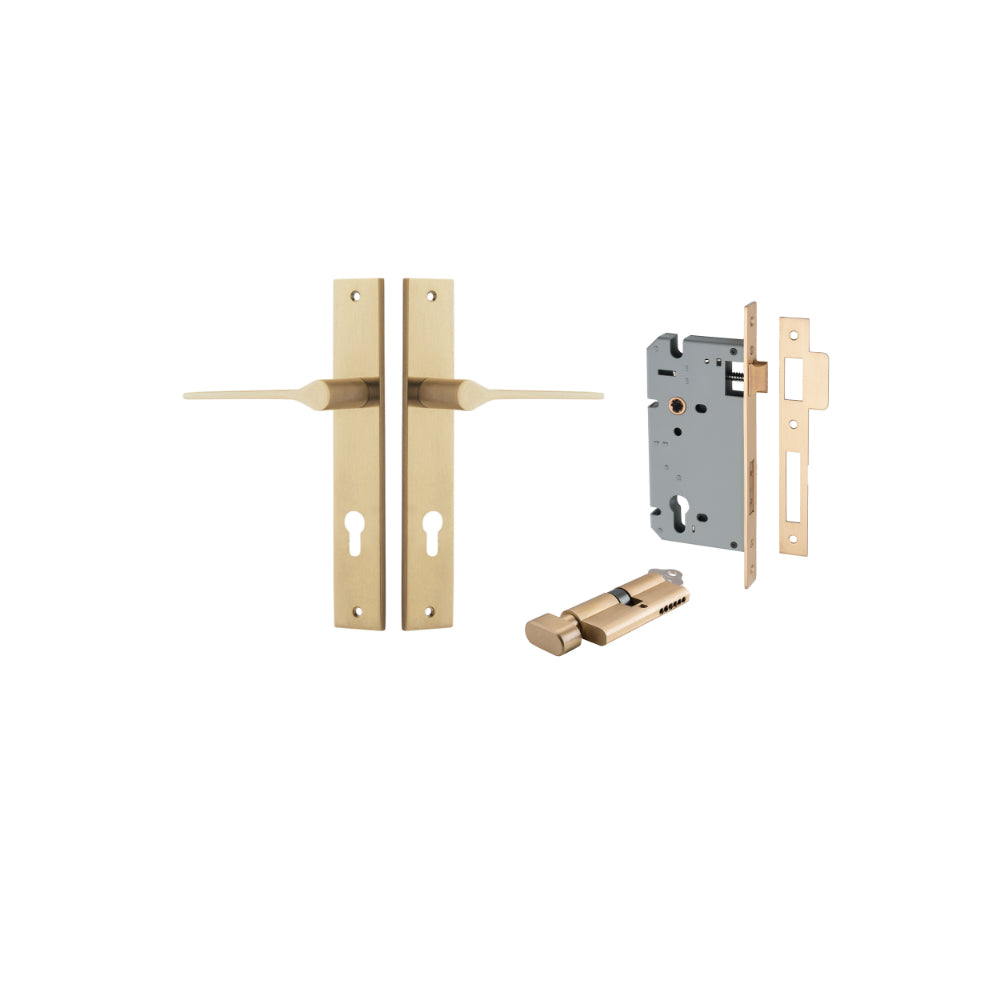 Door Lever Como Rectangular Euro Pair Brushed Brass CTC85mm L119xP59mm BPH240xW38mm, Mortice Lock Euro Brushed Brass CTC85mm Backset 60mm, Euro Cylinder Key Thumb 5 Pin Brushed Brass 65mm KA4 in Brushed Brass