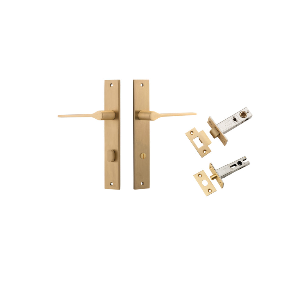 Door Lever Como Rectangular Privacy Brushed Brass CTC85mm L119xP59mm BPH240xW38mm Privacy Kit, Tube Latch Split Cam 'T' Striker Brushed Brass Backset 60mm, Privacy Bolt Round Bolt Brushed Brass Backset 60mm in Brushed Brass