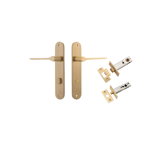 Door Lever Como Oval Privacy Brushed Brass CTC85mm L119xP59mm BPH240xW40mm Privacy Kit, Tube Latch Split Cam 'T' Striker Brushed Brass Backset 60mm, Privacy Bolt Round Bolt Brushed Brass Backset 60mm in Brushed Brass