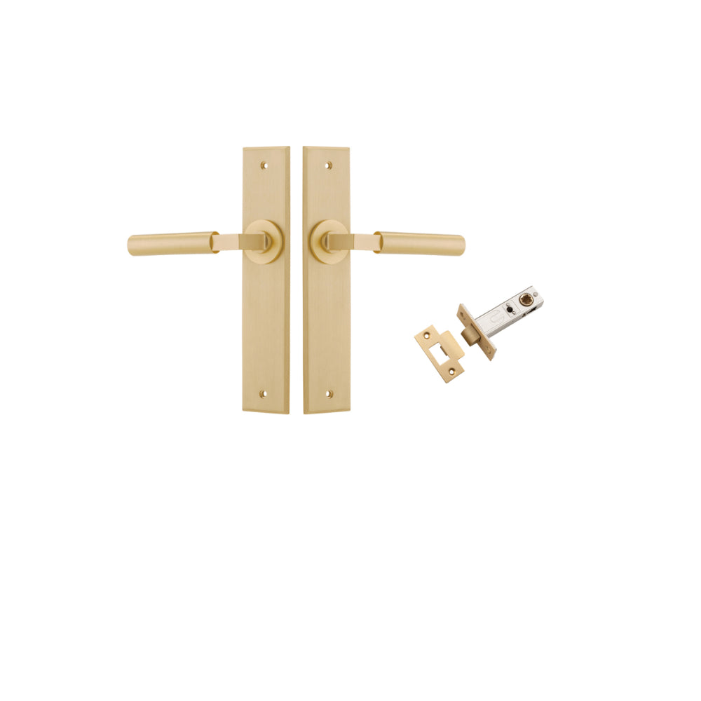 Door Lever Berlin Chamfered Brushed Brass L120xP59mm BPH240xW50mm Passage Kit, Tube Latch Split Cam 'T' Striker Brushed Brass Backset 60mm in Brushed Brass